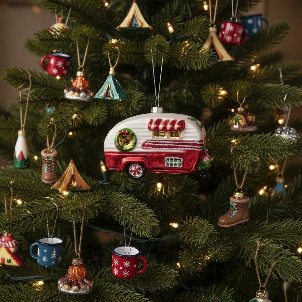 Happy Camper Red RV Glass Ornament Christmas Decoration Holiday Decor Gift